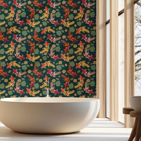 Altın Japon Balığı Desenli Kendinden Yapışkanlı Duvar Kağıdı, Banyo Duvar Kağıdı