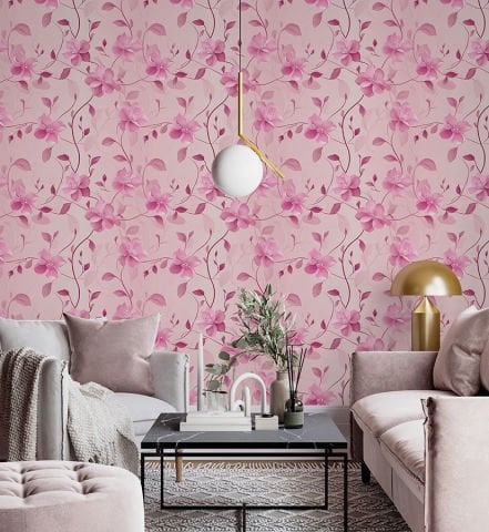 Romantik Pembe Çiçek Desenli Duvar Kağıdı