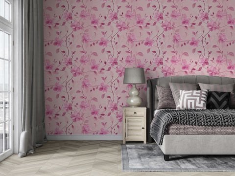 Romantik Pembe Çiçek Desenli Duvar Kağıdı