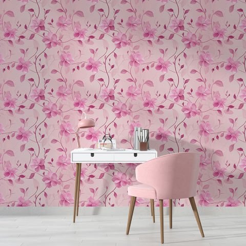 Romantik Pembe Çiçek Desenli Duvar Kağıdı
