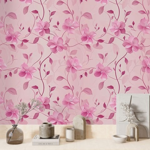 Romantik Pembe Çiçek Desenli Duvar Kağıdı