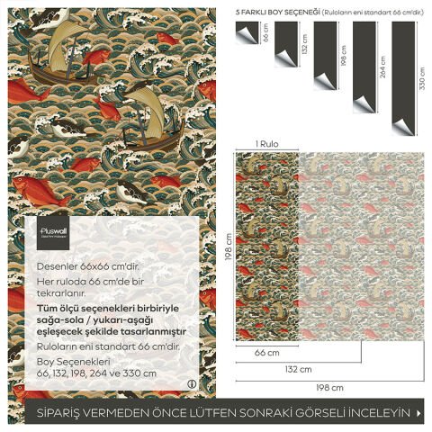 Eski Japon Stili Kendinden Yapışkanlı Duvar Kağıdı, Okyanus Dalgaları ve Balıklar Duvar Kağıdı