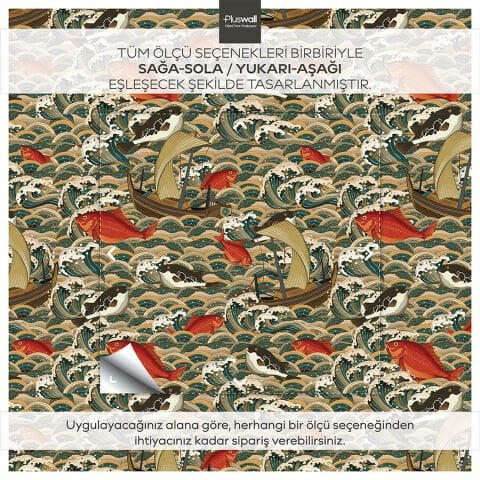 Eski Japon Stili Kendinden Yapışkanlı Duvar Kağıdı, Okyanus Dalgaları ve Balıklar Duvar Kağıdı