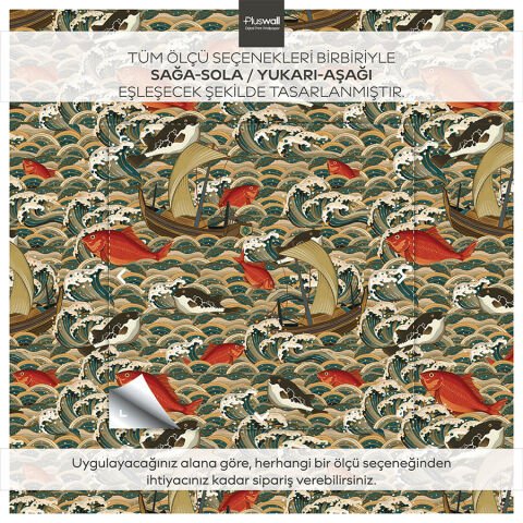 Eski Japon Stili Kendinden Yapışkanlı Duvar Kağıdı, Okyanus Dalgaları ve Balıklar Duvar Kağıdı