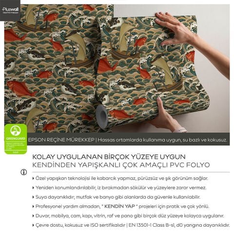 Eski Japon Stili Kendinden Yapışkanlı Duvar Kağıdı, Okyanus Dalgaları ve Balıklar Duvar Kağıdı