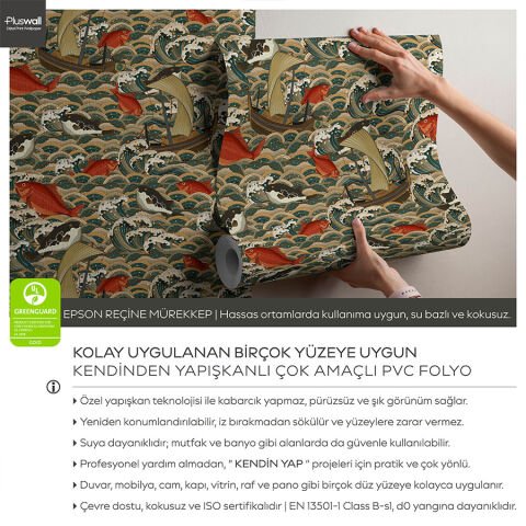 Eski Japon Stili Kendinden Yapışkanlı Duvar Kağıdı, Okyanus Dalgaları ve Balıklar Duvar Kağıdı