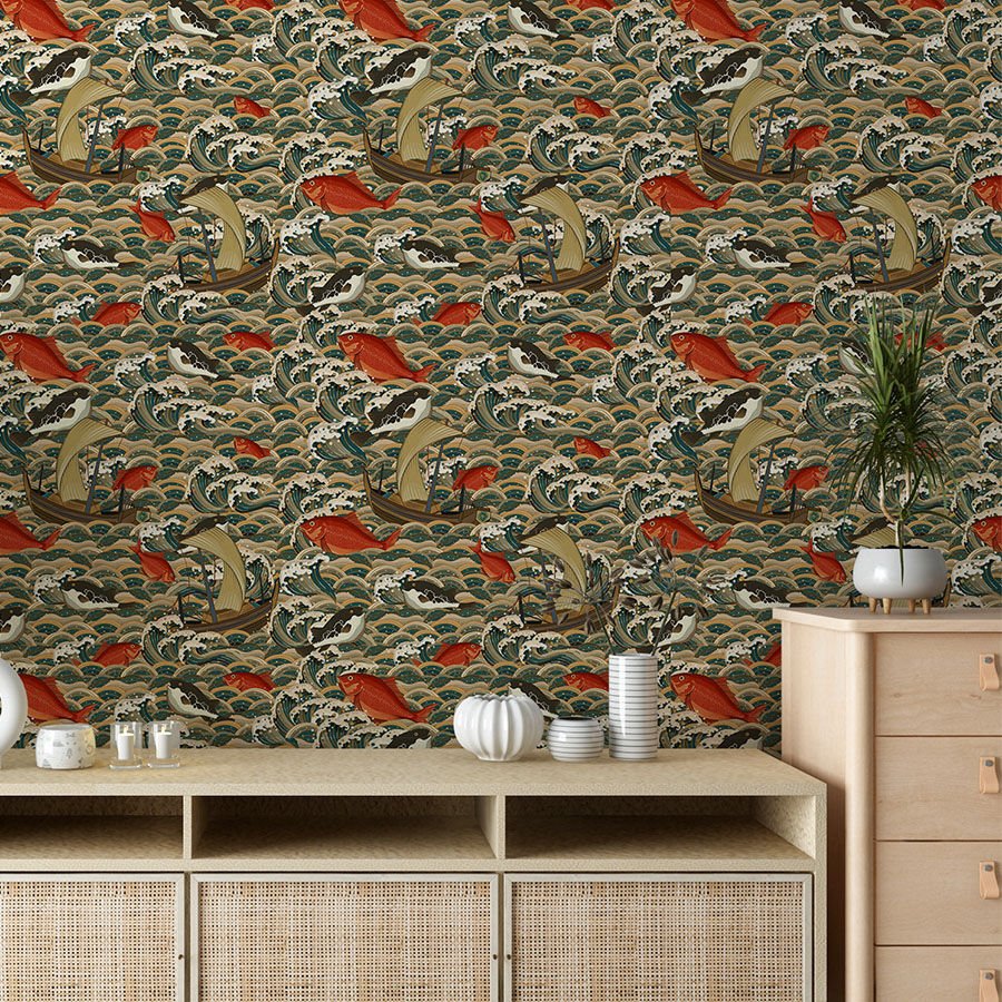 Eski Japon Stili Kendinden Yapışkanlı Duvar Kağıdı, Okyanus Dalgaları ve Balıklar Duvar Kağıdı
