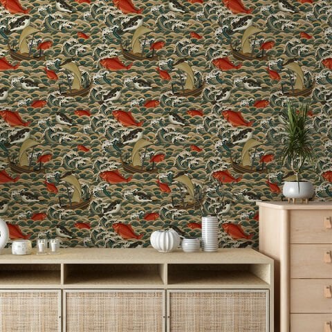 Eski Japon Stili Kendinden Yapışkanlı Duvar Kağıdı, Okyanus Dalgaları ve Balıklar Duvar Kağıdı