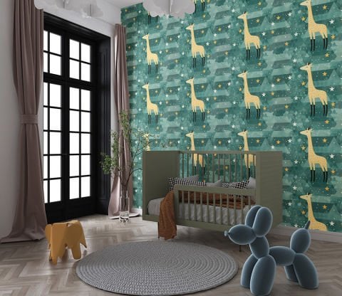 Zürafa Desenli Çocuk Bebek Odası Duvar Kağıdı