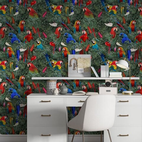 Amazon Yağmur Ormanı Kuşları Kendinden Yapışkanlı Duvar Kağıdı, Kuş Desenli Duvar Kağıdı