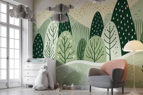 Yeşil Tonlarda Orman Manzaralı Çocuk Bebek Odası Duvar Kağıdı