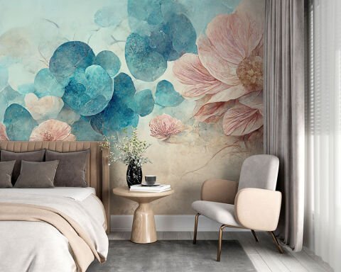 Soyut Çiçekler Pastel Tonlarda Lüks Duvar Kağıdı, Salon Duvar Kağıdı
