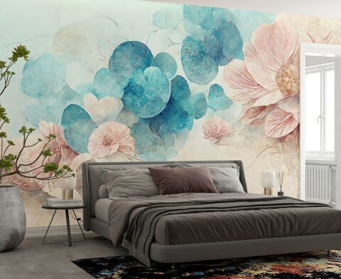 Soyut Çiçekler Pastel Tonlarda Lüks Duvar Kağıdı, Salon Duvar Kağıdı