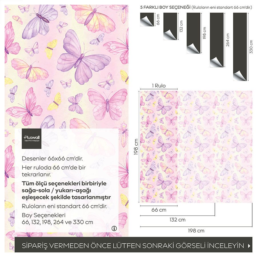 Mor, Pembe ve Leylak Kelebek Desenli Kendinden Yapışkanlı Duvar Kağıdı, Kız Odası Duvar Kağıdı