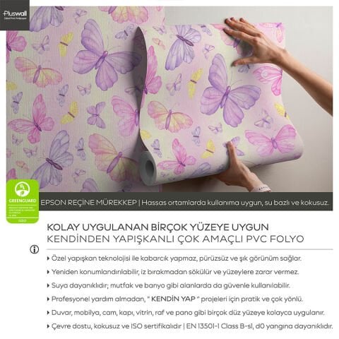 Mor, Pembe ve Leylak Kelebek Desenli Kendinden Yapışkanlı Duvar Kağıdı, Kız Odası Duvar Kağıdı