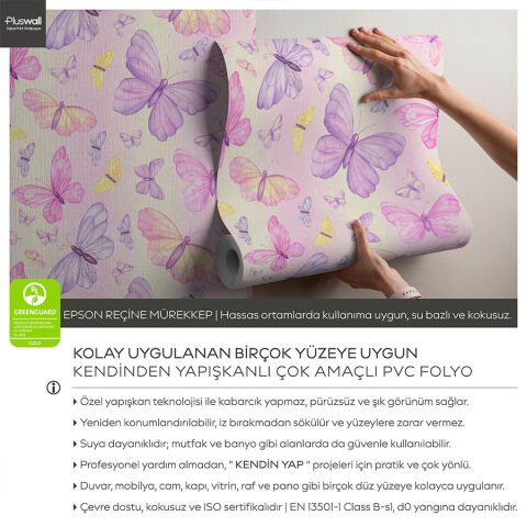 Mor, Pembe ve Leylak Kelebek Desenli Kendinden Yapışkanlı Duvar Kağıdı, Kız Odası Duvar Kağıdı