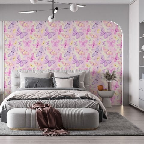 Mor, Pembe ve Leylak Kelebek Desenli Kendinden Yapışkanlı Duvar Kağıdı, Kız Odası Duvar Kağıdı