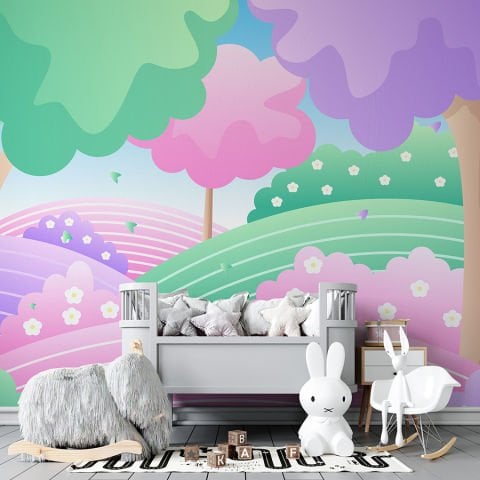 Pastel Tonlarda Orman Manzaralı Çocuk Bebek Odası Duvar Kağıdı