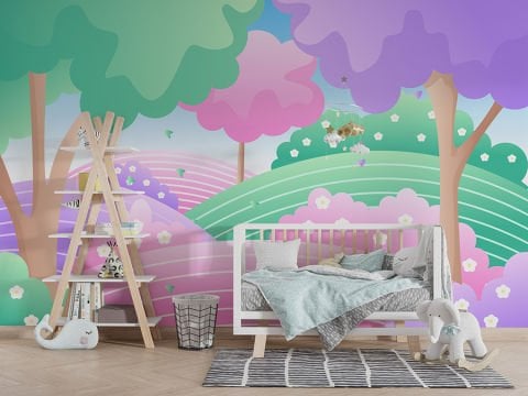 Pastel Tonlarda Orman Manzaralı Çocuk Bebek Odası Duvar Kağıdı