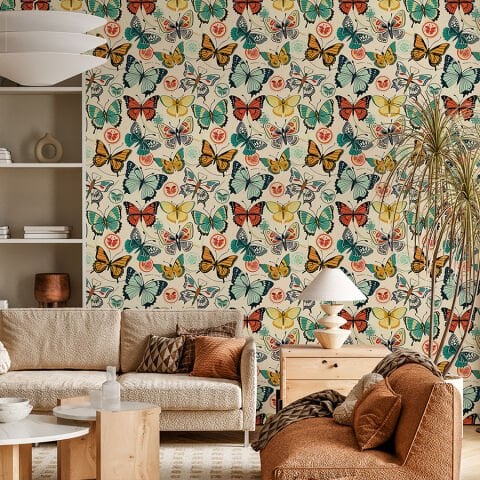 Retro Kelebek Desenli Kendinden Yapışkanlı Duvar Kağıdı, Salon için Duvar Kağıdı