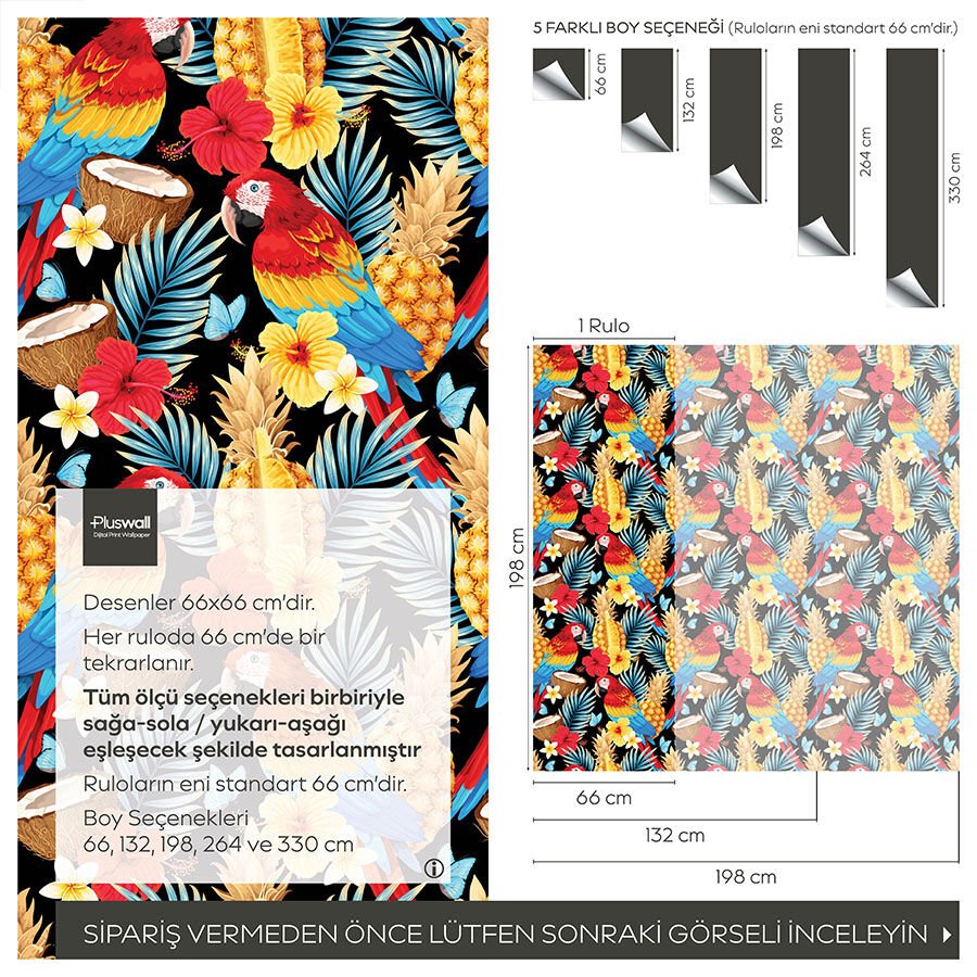 Renkli Papağan ve Tropik Meyveler Kendinden Yapışkanlı Duvar Kağıdı, Cafe için Duvar Kağıdı