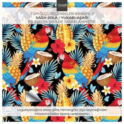 Renkli Papağan ve Tropik Meyveler Kendinden Yapışkanlı Duvar Kağıdı, Cafe için Duvar Kağıdı