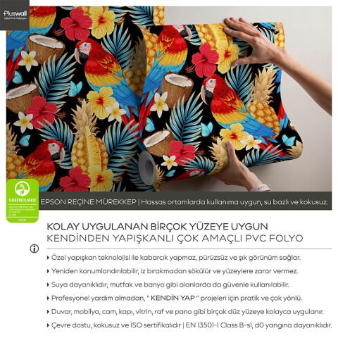 Renkli Papağan ve Tropik Meyveler Kendinden Yapışkanlı Duvar Kağıdı, Cafe için Duvar Kağıdı