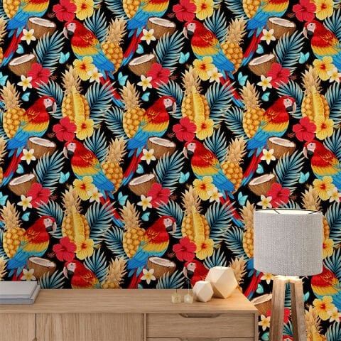 Renkli Papağan ve Tropik Meyveler Kendinden Yapışkanlı Duvar Kağıdı, Cafe için Duvar Kağıdı
