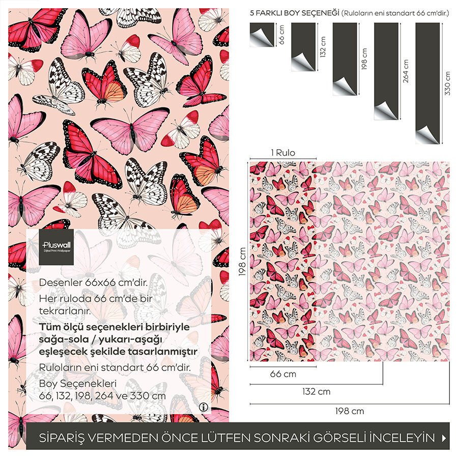 Pembe Tonlarda Kelebek Desenli Kendinden Yapışkanlı Duvar Kağıdı, Yatak Odası Duvar Kağıdı
