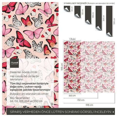 Pembe Tonlarda Kelebek Desenli Kendinden Yapışkanlı Duvar Kağıdı, Yatak Odası Duvar Kağıdı