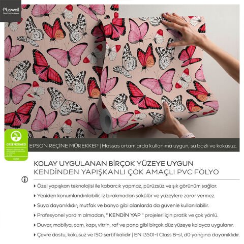 Pembe Tonlarda Kelebek Desenli Kendinden Yapışkanlı Duvar Kağıdı, Yatak Odası Duvar Kağıdı