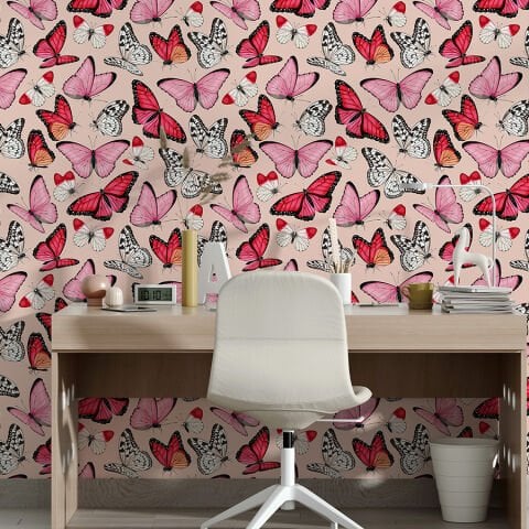 Pembe Tonlarda Kelebek Desenli Kendinden Yapışkanlı Duvar Kağıdı, Yatak Odası Duvar Kağıdı