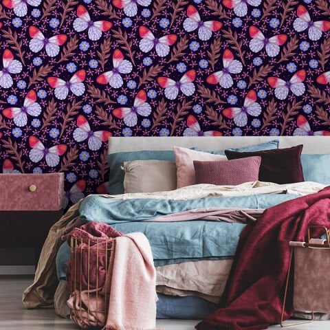 Vintage Kelebek ve Çiçek Desenli Kendinden Yapışkanlı Duvar Kağıdı, Yatak Odası Duvar Kağıdı