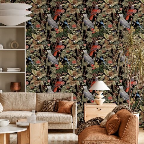 Egzotik Papağan Desenli Kendinden Yapışkanlı Duvar Kağıdı, Tropikal Orman Duvar Kağıdı