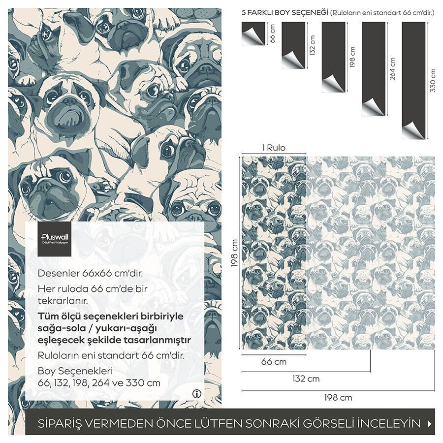 Sevimli Pug Desenli Kendinden Yapışkanlı Duvar Kağıdı, Çocuk Odası Duvar Kağıdı
