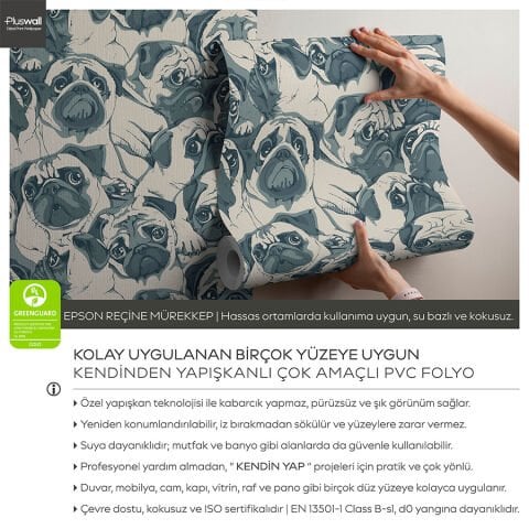 Sevimli Pug Desenli Kendinden Yapışkanlı Duvar Kağıdı, Çocuk Odası Duvar Kağıdı