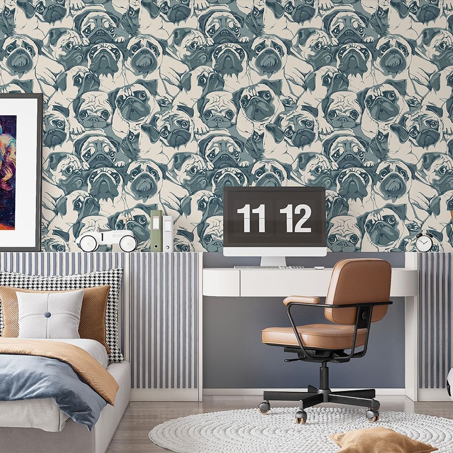 Sevimli Pug Desenli Kendinden Yapışkanlı Duvar Kağıdı, Çocuk Odası Duvar Kağıdı