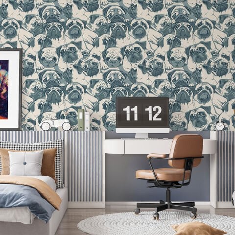 Sevimli Pug Desenli Kendinden Yapışkanlı Duvar Kağıdı, Çocuk Odası Duvar Kağıdı