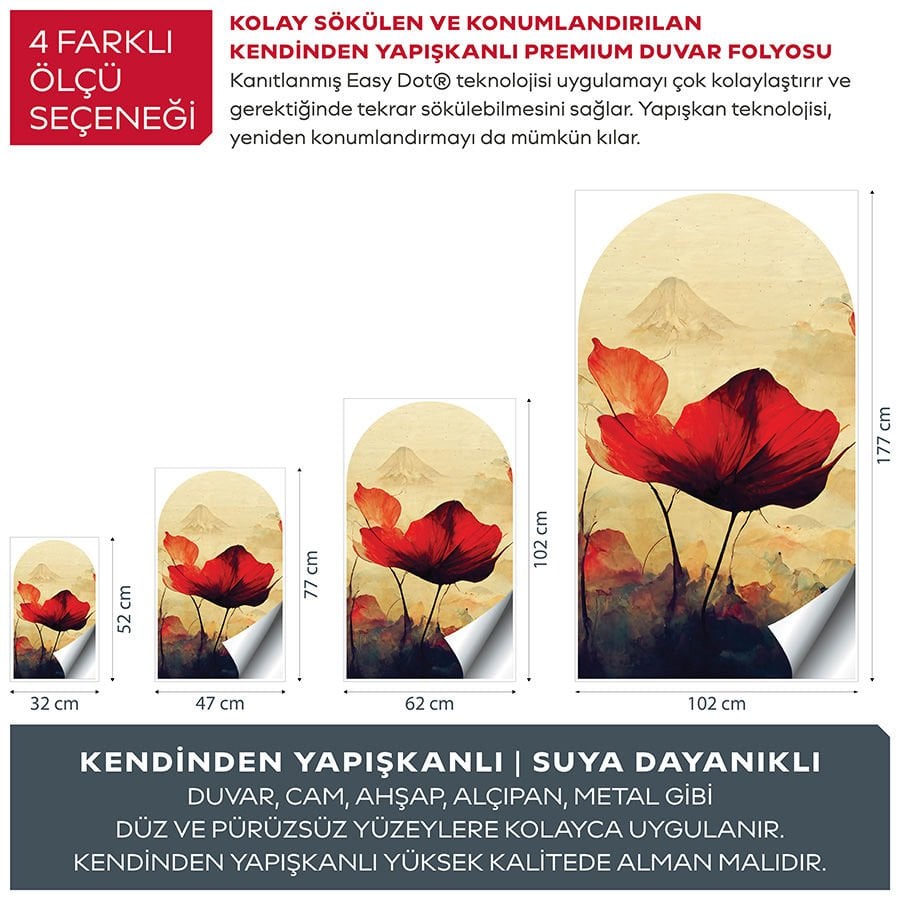 Kendinden Yapışkanlı Japon Art Gelincik Duvar Kağıdı Stickeri 45x75cm