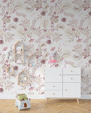 Pastel Tonlarda Çiçek Desenli Duvar Kağıdı
