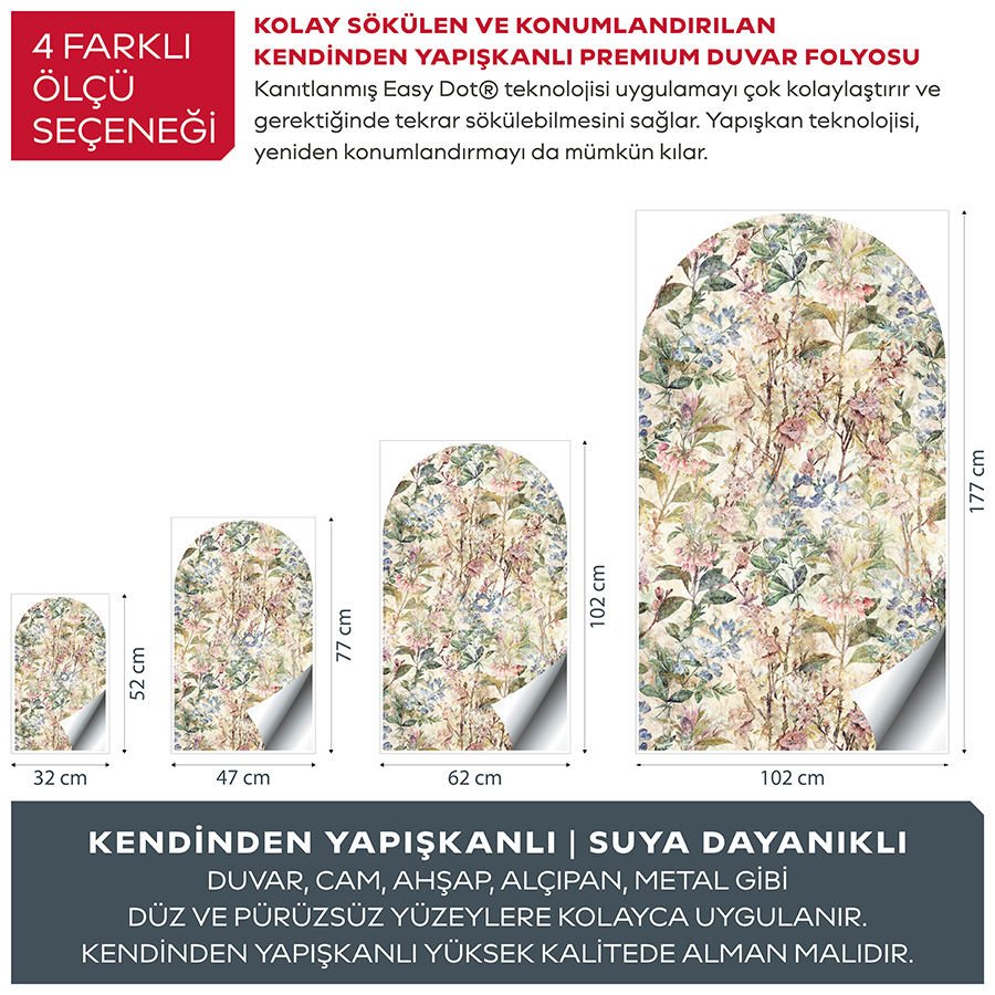 Kendinden Yapışkanlı Oval Kesim Vintage Çiçek Desenli Duvar Kağıdı Stickeri 100x175cm