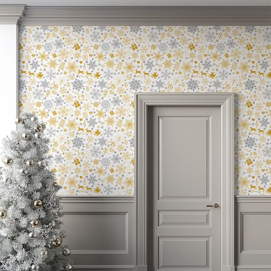 Yeni Yıl Temalı Kendinden Yapışkanlı Duvar Kağıdı, Kar ve Parti Desenli Duvar Kağıdı