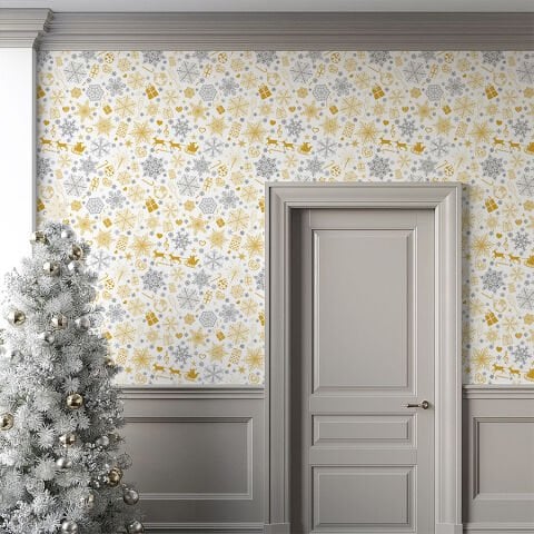 Yeni Yıl Temalı Kendinden Yapışkanlı Duvar Kağıdı, Kar ve Parti Desenli Duvar Kağıdı