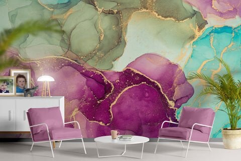 Mermer Görünümlü Şeffaf Dalgalar ve Altın Girdaplar Duvar Kağıdı