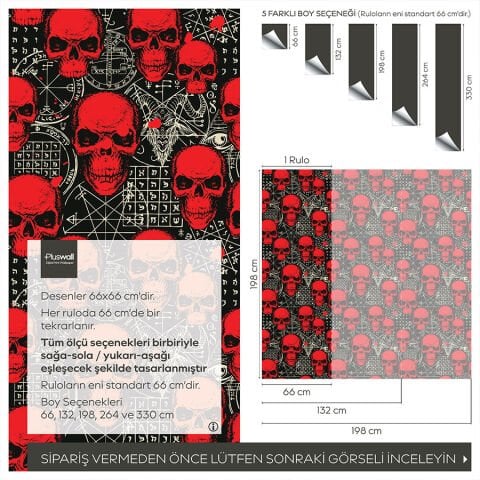 Grunge Kırmızı Kafatası Kendinden Yapışkanlı Duvar Kağıdı, Gotik Yatak Odası Duvar Kağıdı