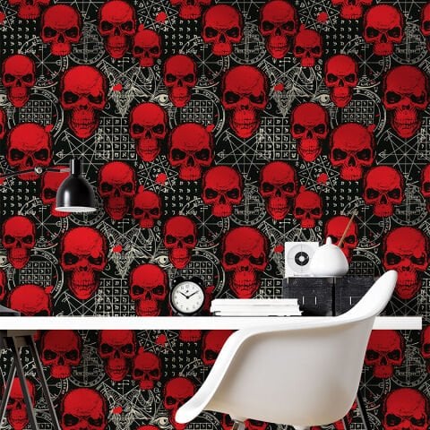 Grunge Kırmızı Kafatası Kendinden Yapışkanlı Duvar Kağıdı, Gotik Yatak Odası Duvar Kağıdı