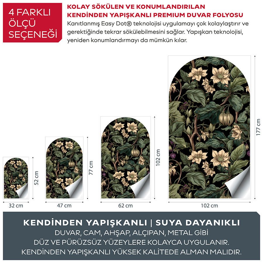 Kendinden Yapışkanlı Oval Kesim Yaprak ve Çiçek Desenli Duvar Kağıdı Stickeri 60x100cm