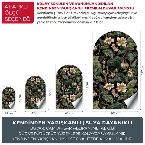 Kendinden Yapışkanlı Oval Kesim Yaprak ve Çiçek Desenli Duvar Kağıdı Stickeri 60x100cm