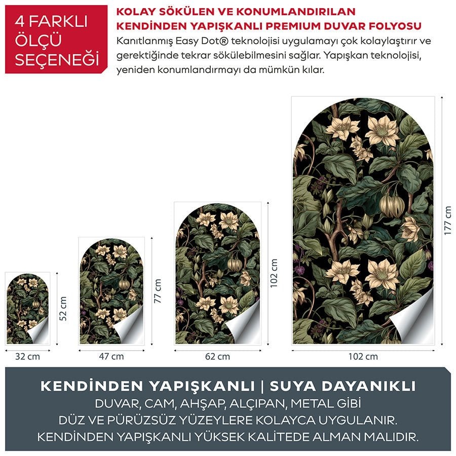 Kendinden Yapışkanlı Oval Kesim Yaprak ve Çiçek Desenli Duvar Kağıdı Stickeri 100x175cm
