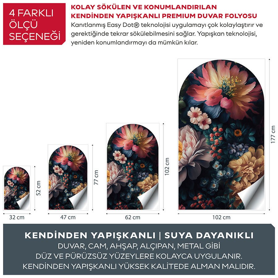 Kendinden Yapışkanlı Oval Kesim Büyük Çiçekler Duvar Kağıdı Stickeri 45x75cm